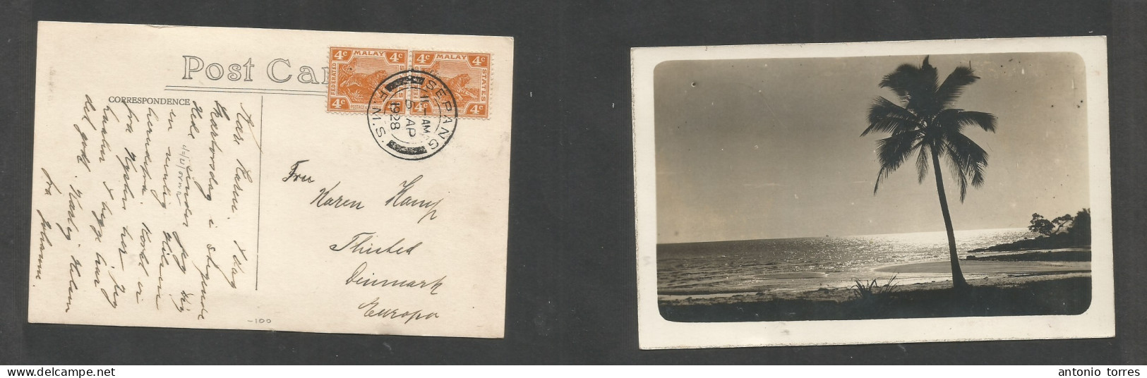 Malaysia. 1928 (5 Apr) FMS. Sepang - Denmark, Thiled. Multifkd Photo Ppc, Cds, At 8c Rate. Fine Scarce Origin. - Maleisië (1964-...)