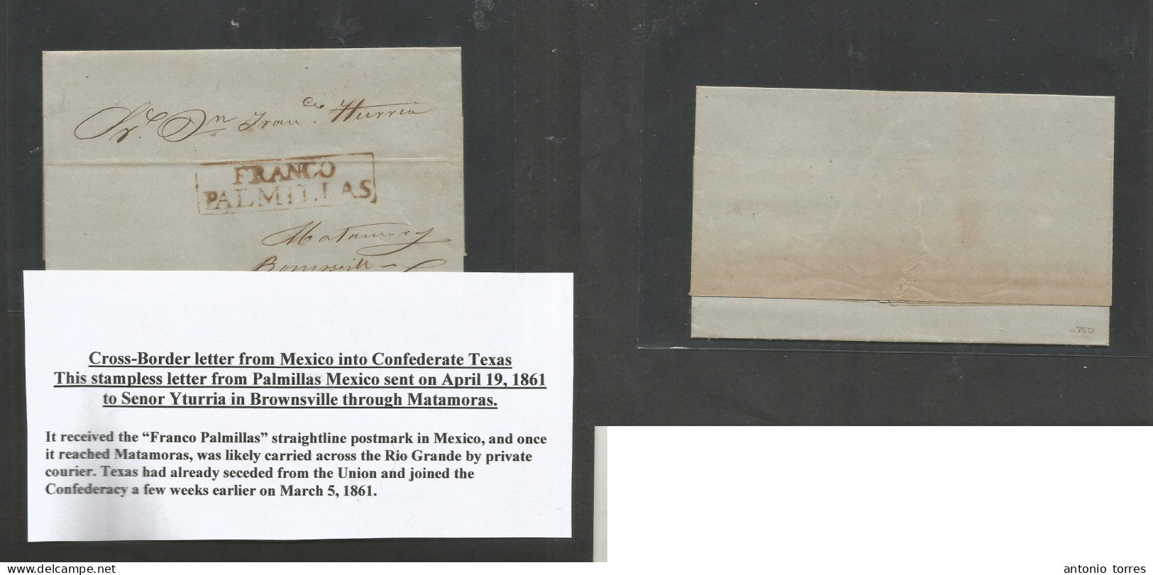 Mexico - Stampless. 1861 (17 Apr) US Confederate Crossing, Palmillas - Brownsville, Texas. Confederate US. EL With Text, - Mexico