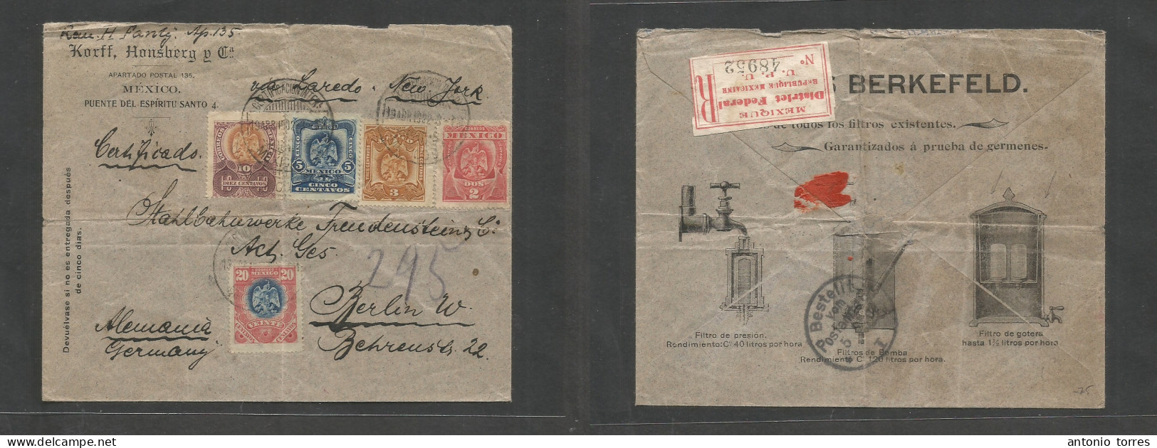 Mexico - Xx. 1902 (19 April) DF - Germany, Berlin (5 May) Registered ILLUSTRATED Comercial Envelope Multifkd At 40c Rate - México