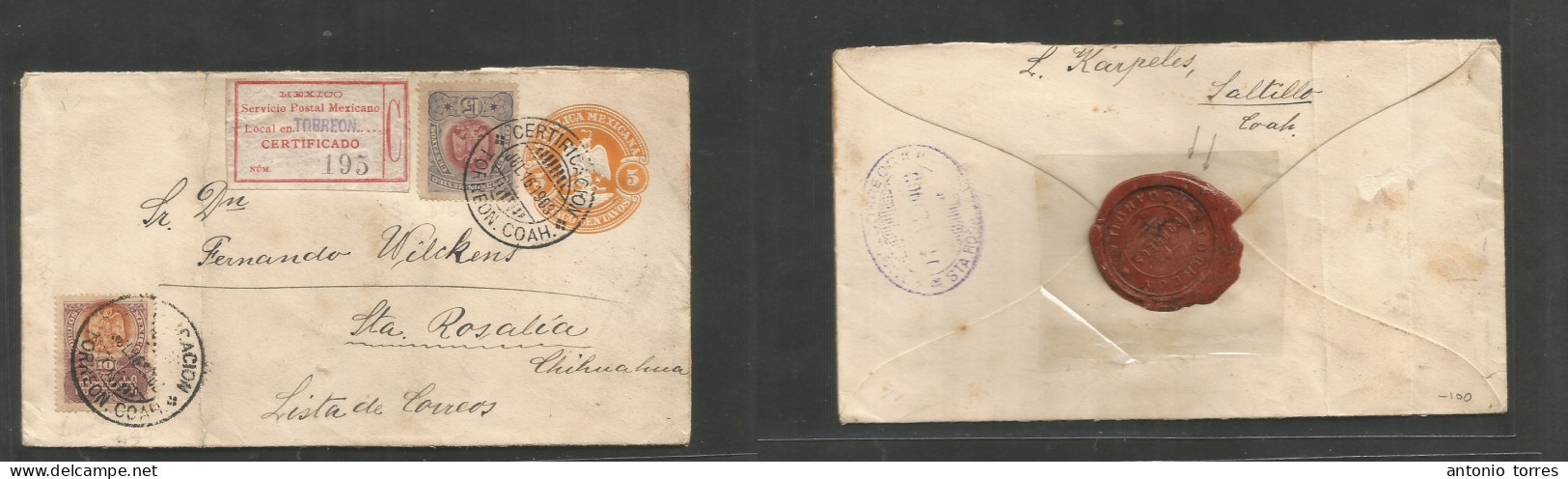 Mexico - Stationery. 1903 (16 July) Torreon, Coah - Sta. Rosalia, Chihuahua (17 July) Registered 5c Orange Embossed Stat - Mexico