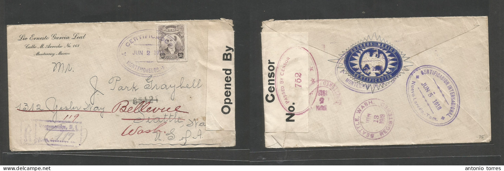 Mexico - Xx. 1918 (June 2) Montemoretos - USA, Bellevue, Seattle, Wash (13 June) Registered Single 30c Lilac WWI US Cens - Mexique