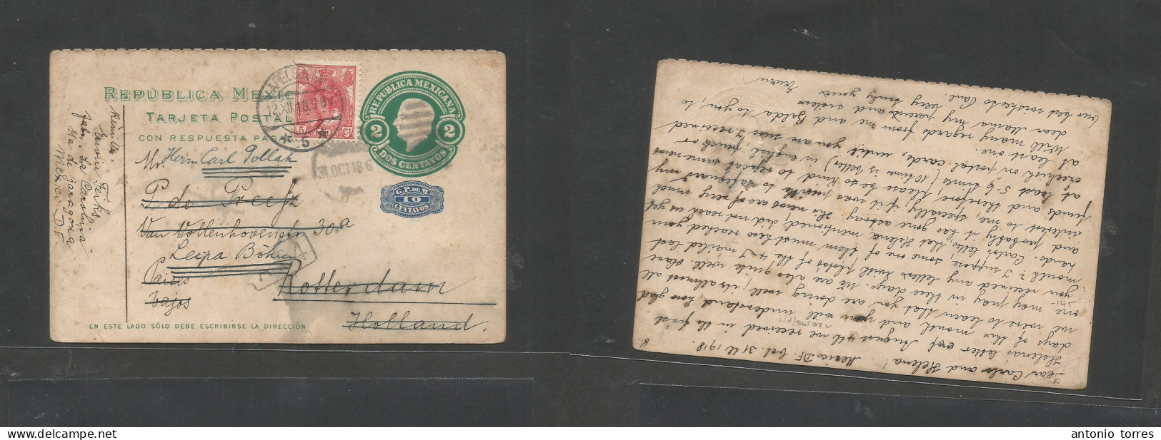 Mexico - Xx. 1918 (31 Sept) DF - Netherlands, Apelda (12 Dec) Fwded. Ovptd Barril 10c / 2c Green Half Way Out Doble Stat - México