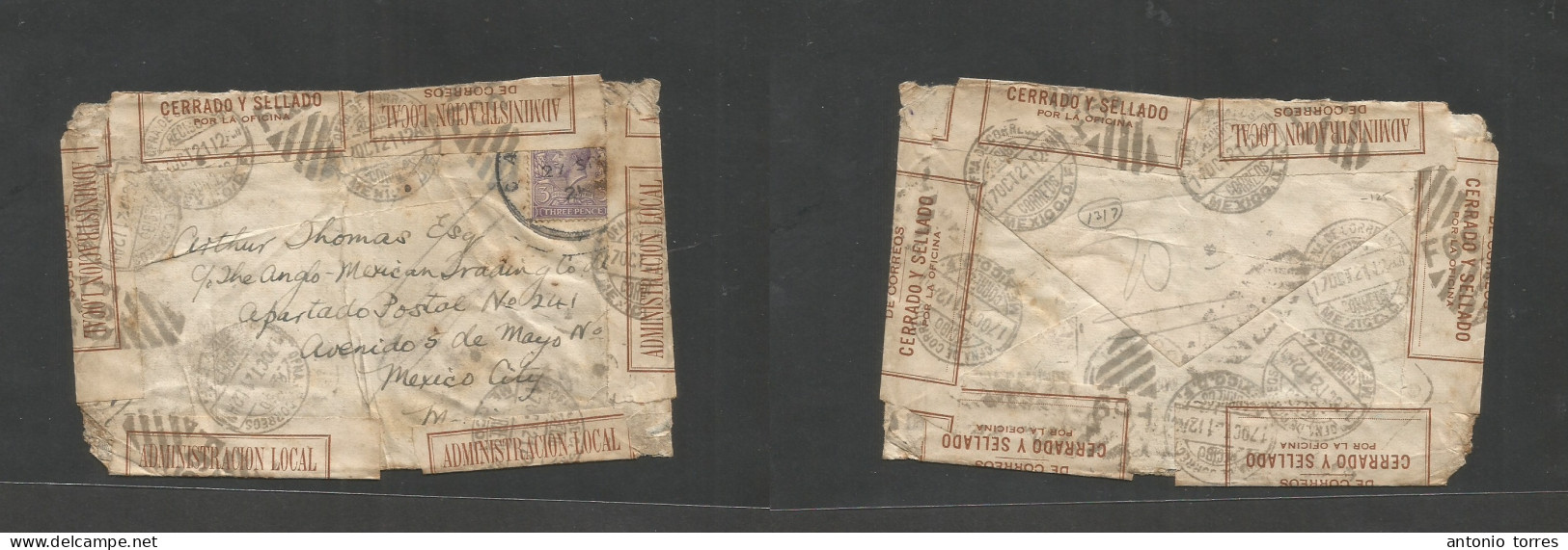Mexico - Xx. 1921 (27 Sept) GB - DF (7 Oct) 3d Lilac Fkd Env. Arrived Opened At Edges And Sealed By Mexican Post Office - México