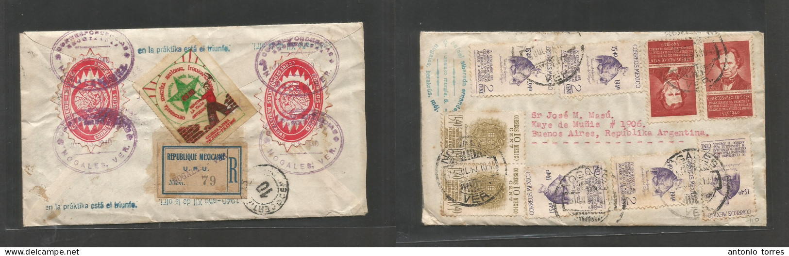 Mexico - Xx. 1940 (28 July) Nogales, Veracruz - Argentina, Buenos Aires. Registered Multifkd Reverse Envelope With Conta - Mexique