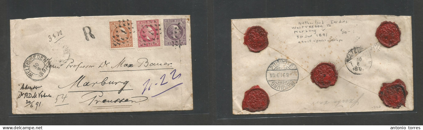 Dutch Indies. 1891 (30 June) Weltevreden - Marburg, Prussia (1 Aug) Registered Tricolor Multifkd 25c Lilac Stat Env At 8 - Indes Néerlandaises