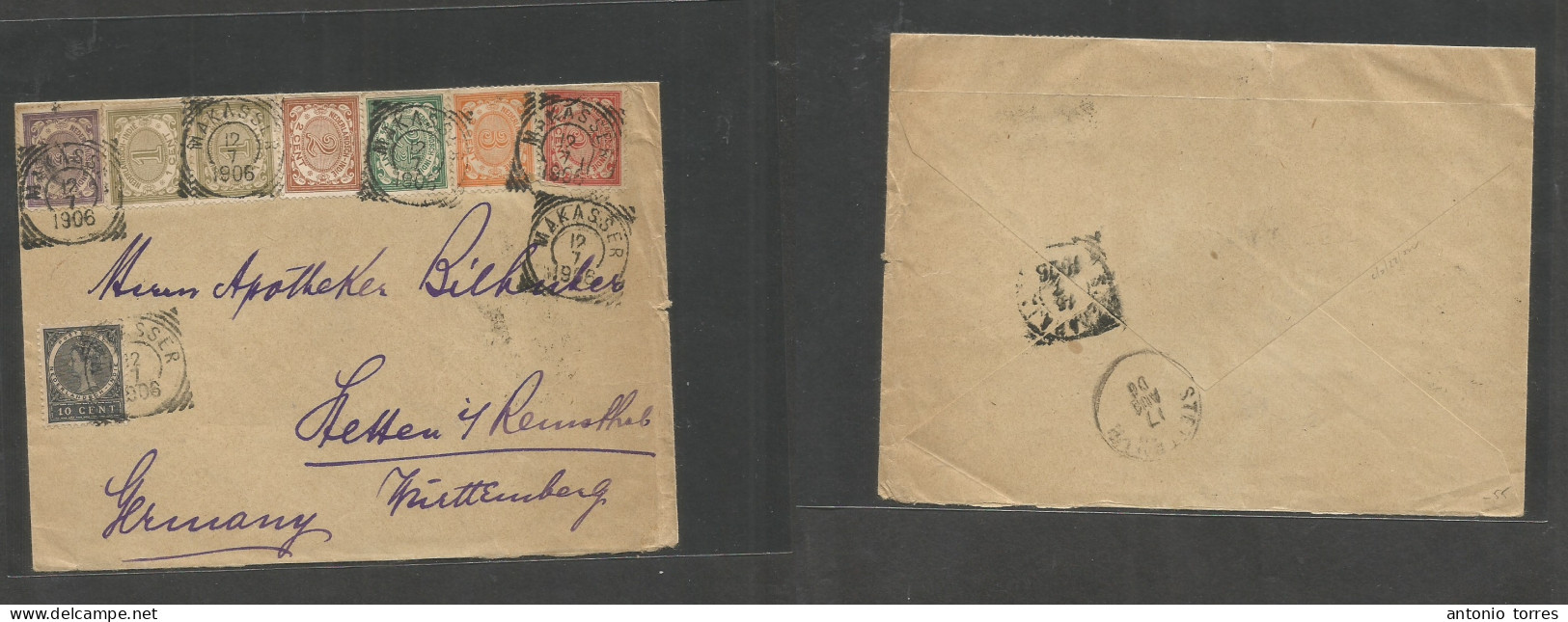 Dutch Indies. 1906 (12 July) Makasser - Germany, Hessen (17 Aug) Multicolor (8 Diff) Fkd Envelope, Tied Cds. VF. - Netherlands Indies