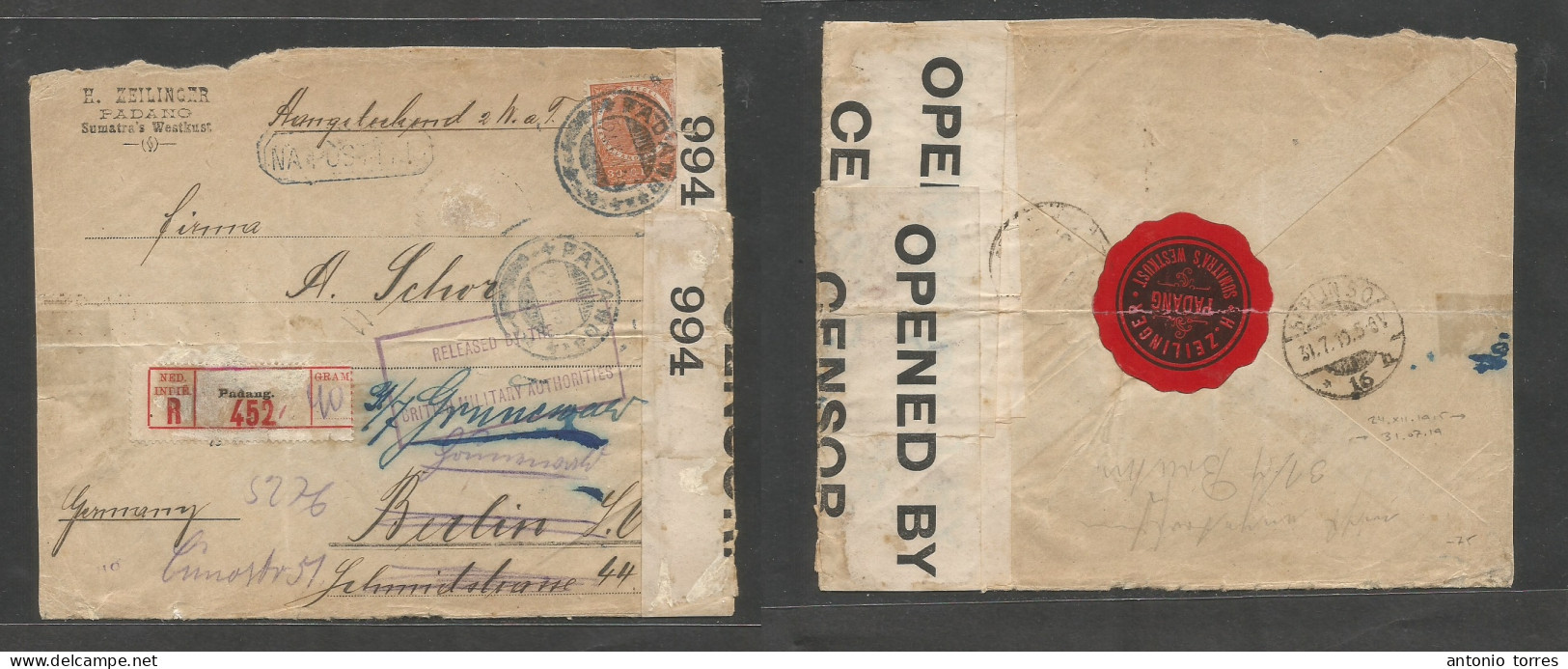 Dutch Indies. 1915 (24 Dec) WWI Padang - Berlin, Germany (31 July) Registered Single Fkd, British Censor And Hold During - Indes Néerlandaises