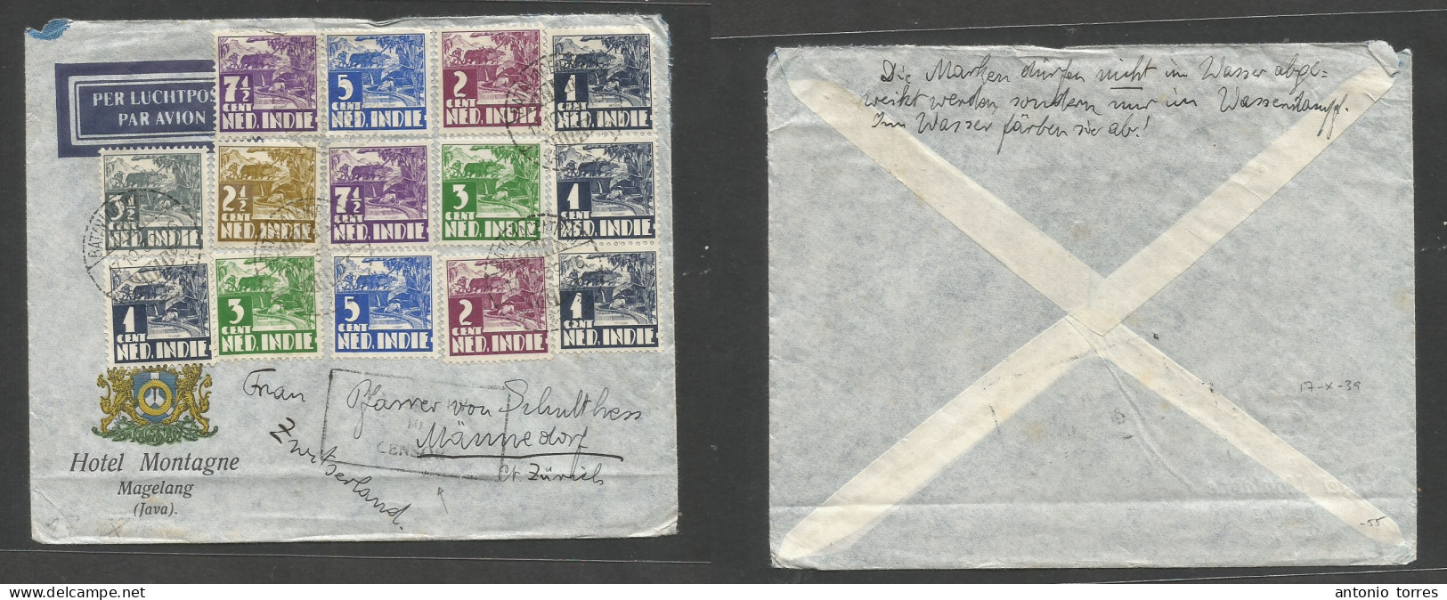 Dutch Indies. 1939 (17 Oct) Magelang, Java - Switzerland, Mannedorf. Air Multifkd Color Illustrated Envelope. Via Singap - Indes Néerlandaises