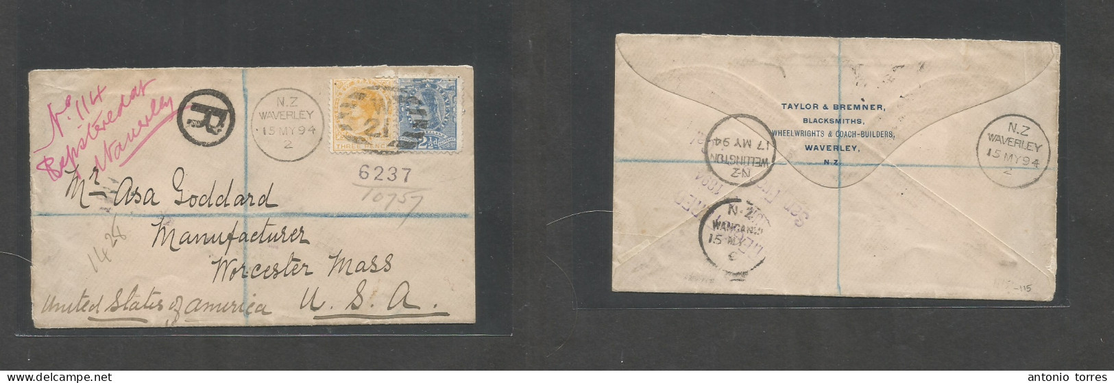 New Zealand. 1894 (15 May) Waverley - USA, Worcester, Mass. Registered Multifkd Env At 5 1/2d Rate, Tied Grill + Cds. Re - Other & Unclassified