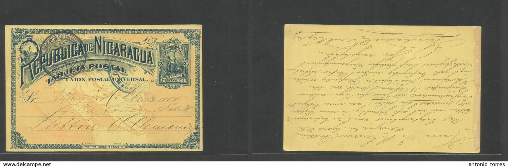 Nicaragua. 1891 (21 Aug) Managua - Germany, Stettin Via Corinto. 3c Blue / Yellow Stat Card. VF Used + Scarce So. - Nicaragua
