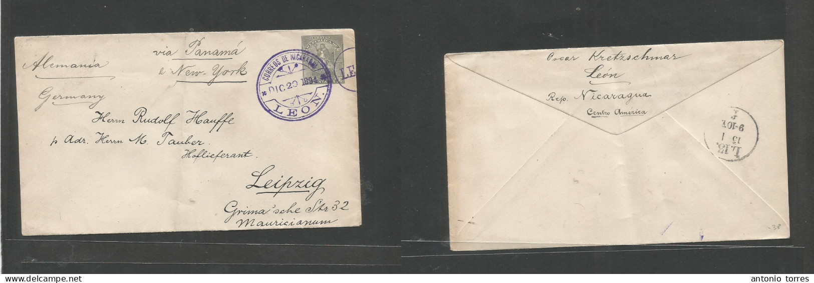 Nicaragua. 1894 (20 Dic) Leon - Germany, Leipzig (15 Jan 95) 10c Lilac / Cream Stationary Envelope, Cancelled Cds. Via P - Nicaragua