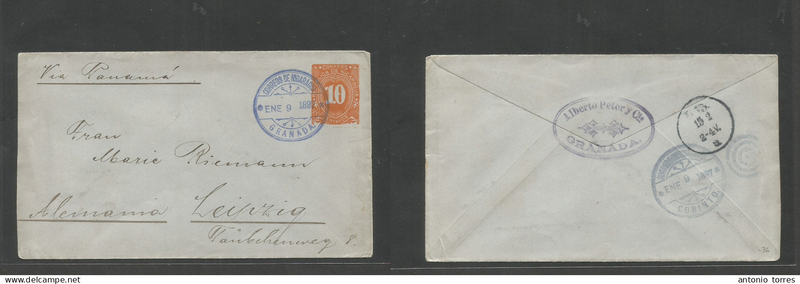 Nicaragua. 1897 (Ene 9) Granada - Germany, Leipzig (15 Febr) Via Panama - Corinto 10c Orange / Bluish Stationary Envelop - Nicaragua