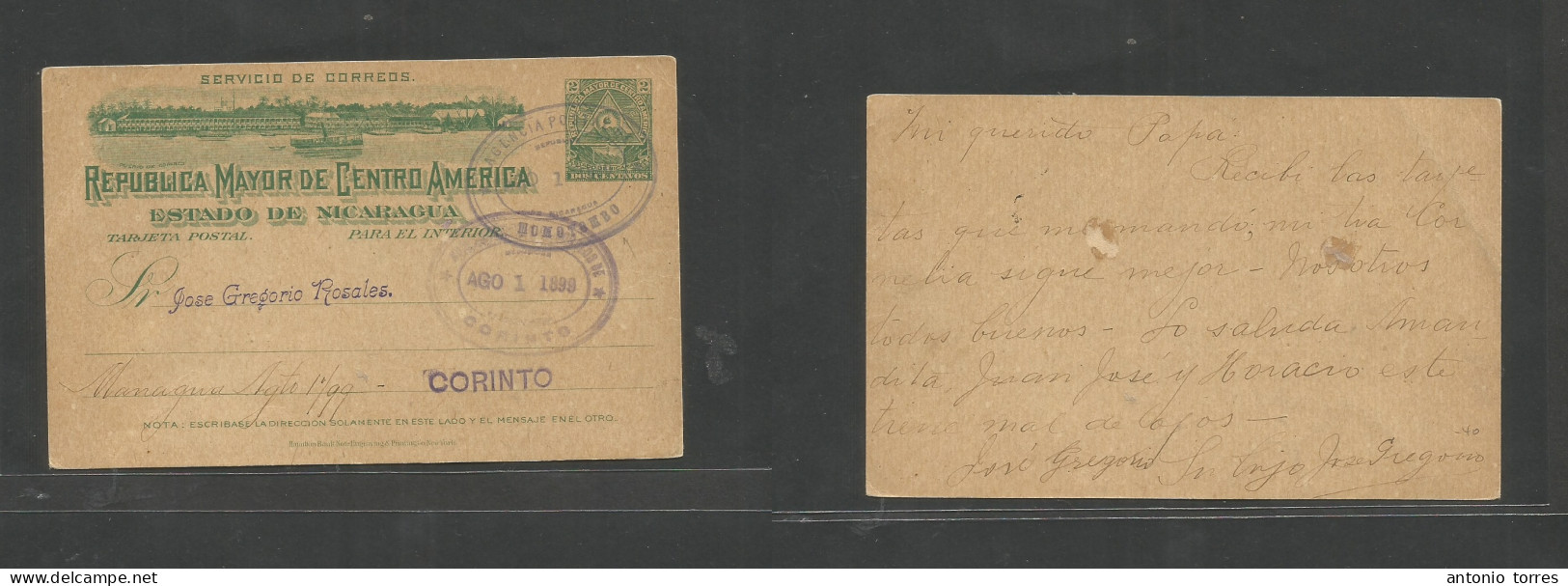 Nicaragua. 1899 (1 Aug) Momotombo - Corinto (1 Aug) Local 2c Green Stationary Illustrated Card Oval Ds Cachets. Fine Fam - Nicaragua