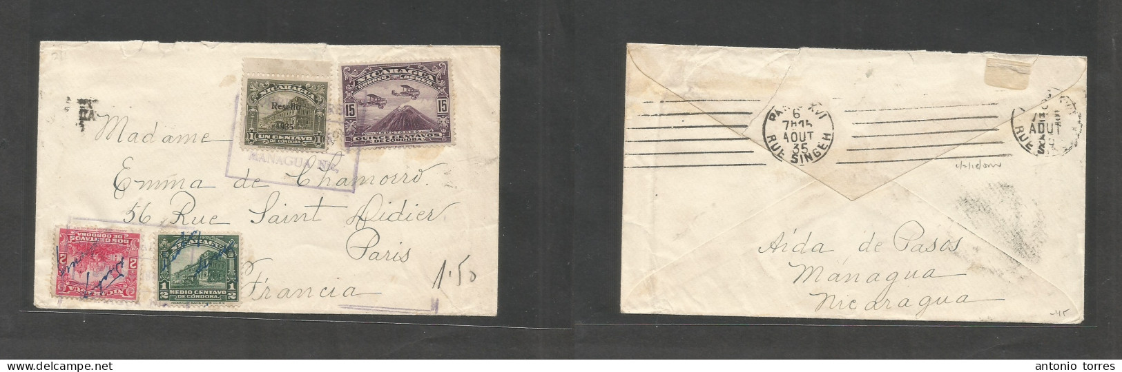 Nicaragua. 1935 (July - August) Managua - France, Paris (6 Aug) Air Multifkd Envelope + 2 Stamps Are Countersigned, Tied - Nicaragua