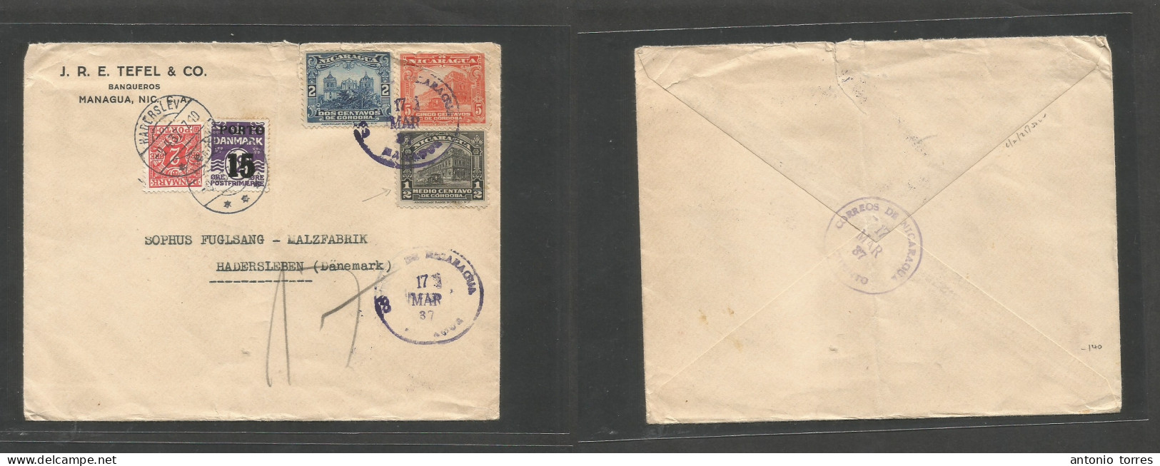 Nicaragua. 1937 (17 March) Managua - Denmark, Handersleben (9 April) Comercial Multifkd Env + Taxed + Danish Arrival Two - Nicaragua