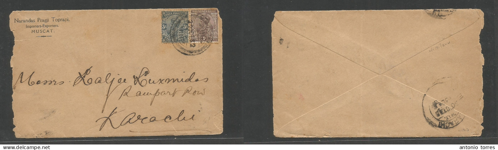 Oman. 1932 (27 Oct) Indian Used In Muscat - Karachi, Pakistan (30 Oct) Comercial Multifkd Env At 3p 1a Rate Cds. Fine Na - Omán