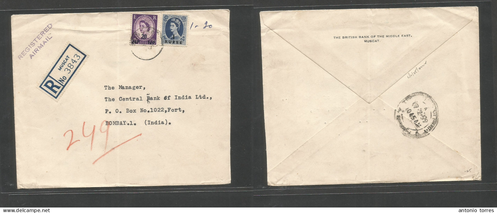 Oman. 1958 (Febr) Muscat - Bomaby, India (17 Febr) Registered Air Multifkd Env At 1 Rupee 20 Omp Rate, Cds + R-label. Fi - Oman