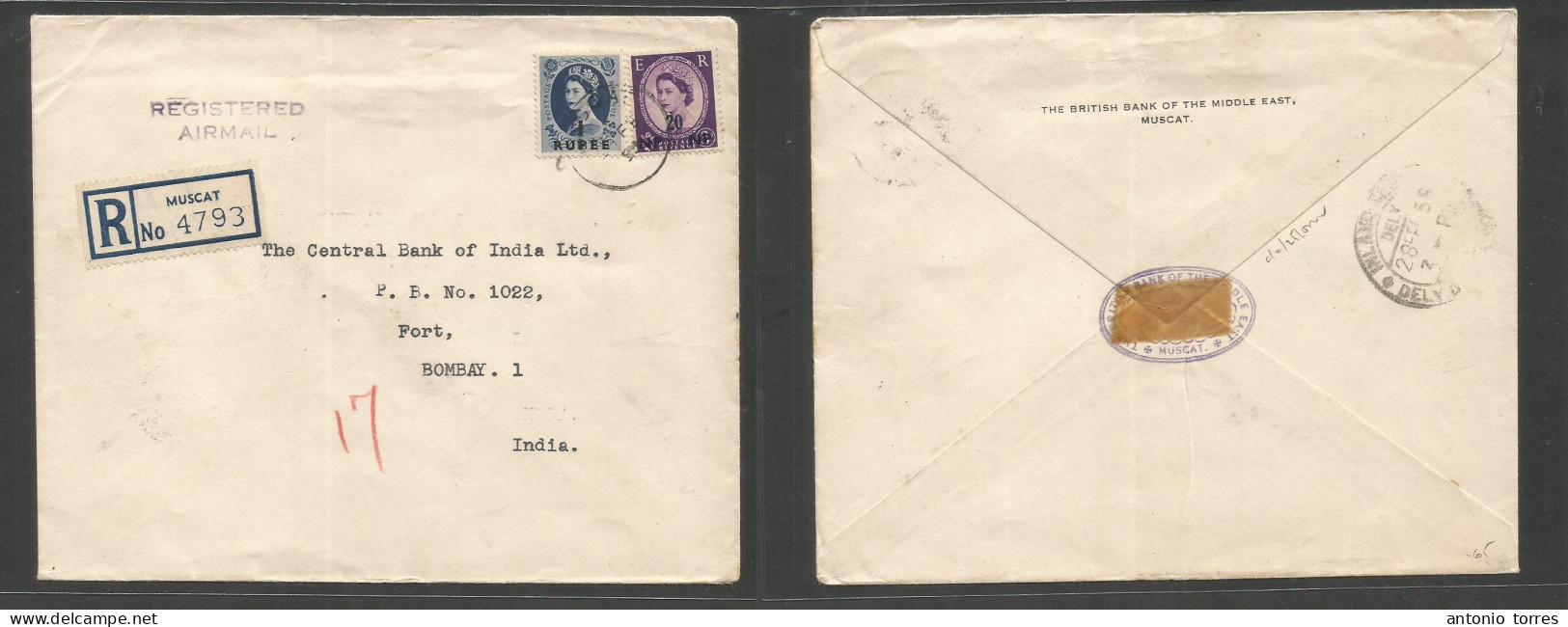 Oman. 1958 (Febr) Muscat - India, Bombay (28 Febr) Registered Air Ovptd QEII Multifkd Env At 1 Rupee 2ONP Rate, Cds + R- - Oman