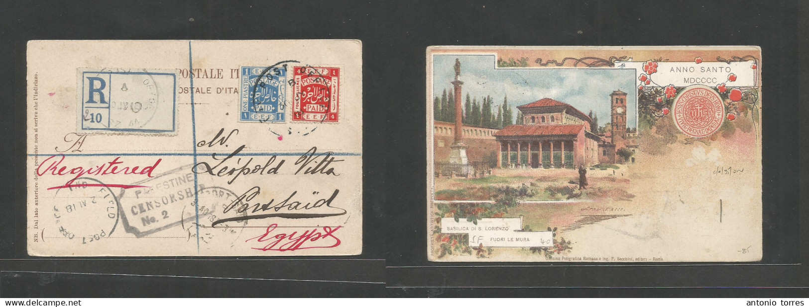 Palestine. 1918 (30 July) APOSZ 44. Registered Multifkd Color Photo Litho Card To Egypt, Portsaid (3 Ago 18) + Censor Ca - Palestina