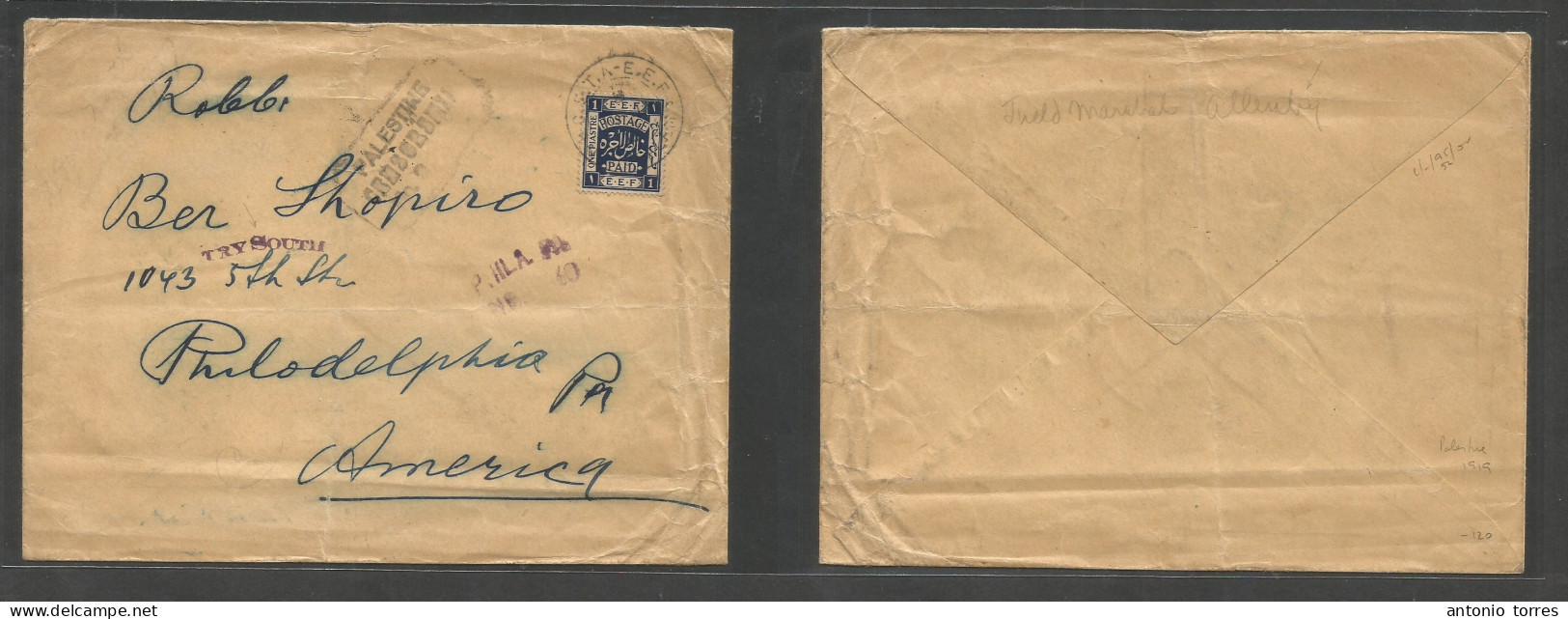 Palestine. 1919 (10 June) CETA. EEF Military. Single 1p Lila Fkd Envelope To USA, Philadelphia, PA With Depart Censor Bo - Palestina