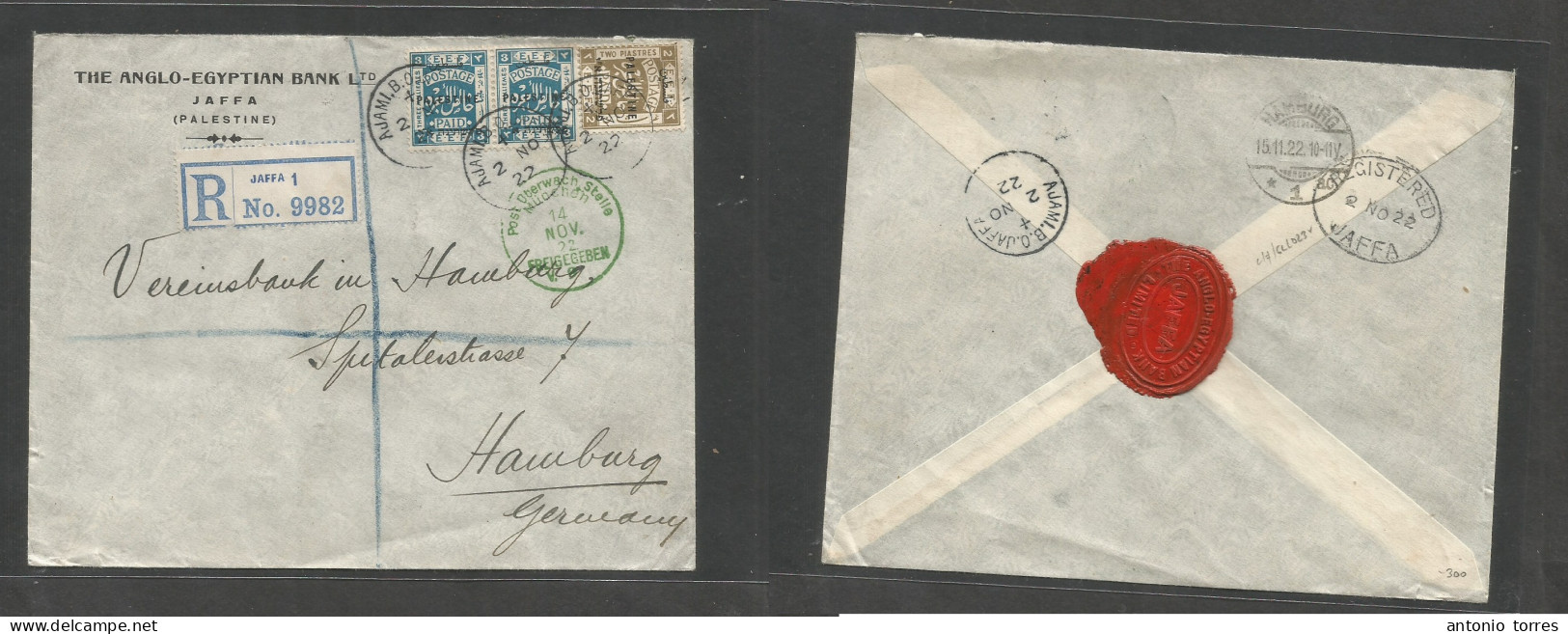 Palestine. 1922 (2 Nov) Ajami, BO Daff - Germany, Hamburg (15 Nov) Via Jaffa. Registered Comercial Early Ovptd Issue, Ti - Palestina