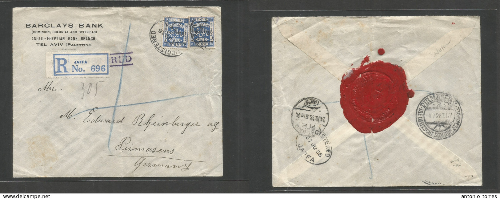 Palestine. 1926 (27 June) Jaffa - Germany, Pirmasens (23 July) Ovptd Issue Registered Multifkd Envelope Comercial + 26 M - Palestine