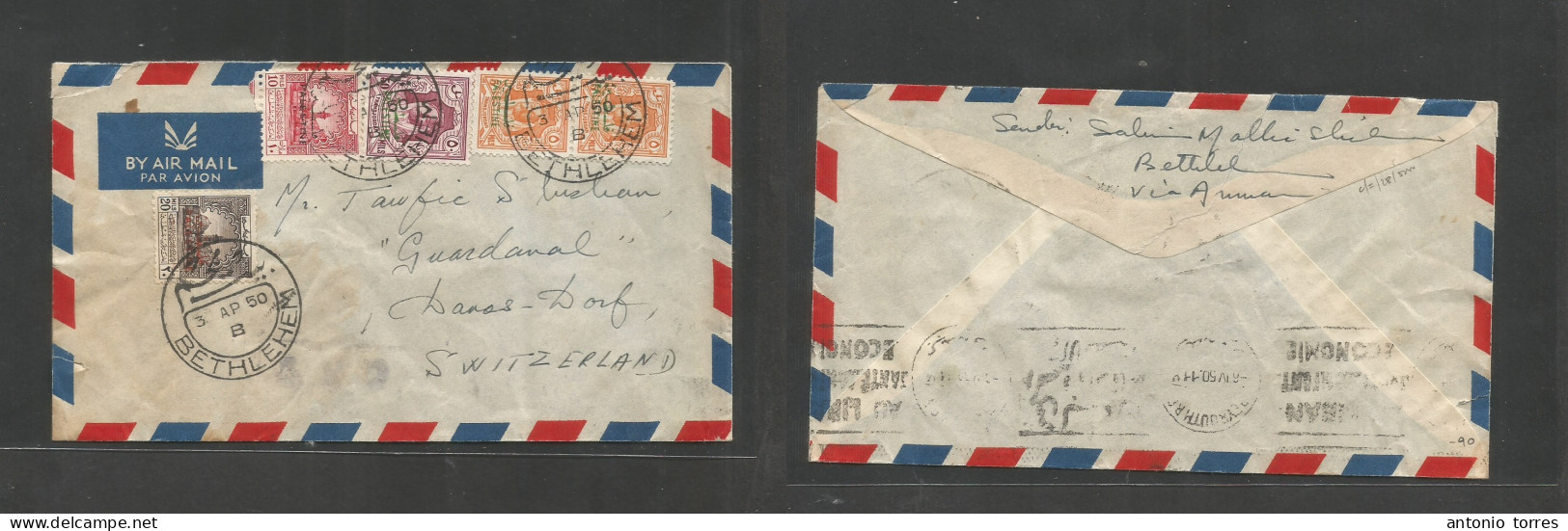 Palestine. 1950 (3 Apr) Transjordan Ovptd Issue. Bethelem - Switzerland, Davos. Air Multifkd Envelope. Via Lebanon, Beyr - Palästina