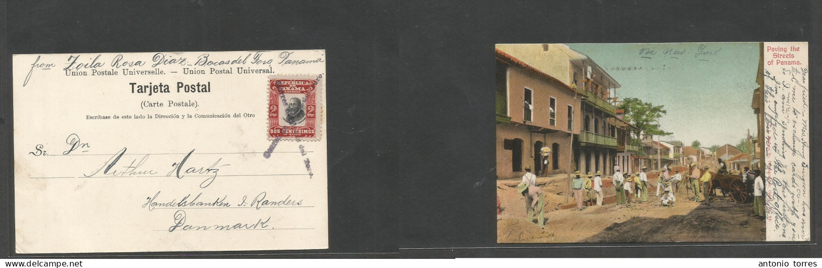 Panama. C. 1909. Bocas Del Toro - Denmark, Randesi. Early Color Photo Ppc (street Pavements) Fkd 2c Red, Tied Crossed To - Panamá