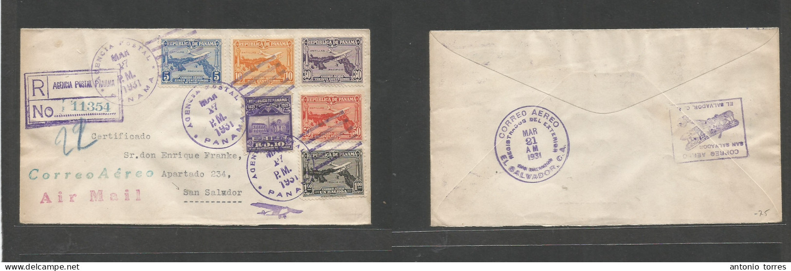 Panama. 1931 (17 March) GPO - Salvador (21 March) Registered Multifkd Env At 2,05b Rate, Tied Lilac Grills Cds. Better A - Panama