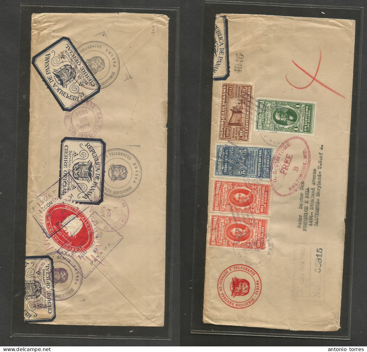 Panama. 1934 (Aug 20) GPO - USA, Baltimore, Md (28 Aug) Registered Po Official Multifkd Env, Bodas De Plata Issue, Rever - Panamá