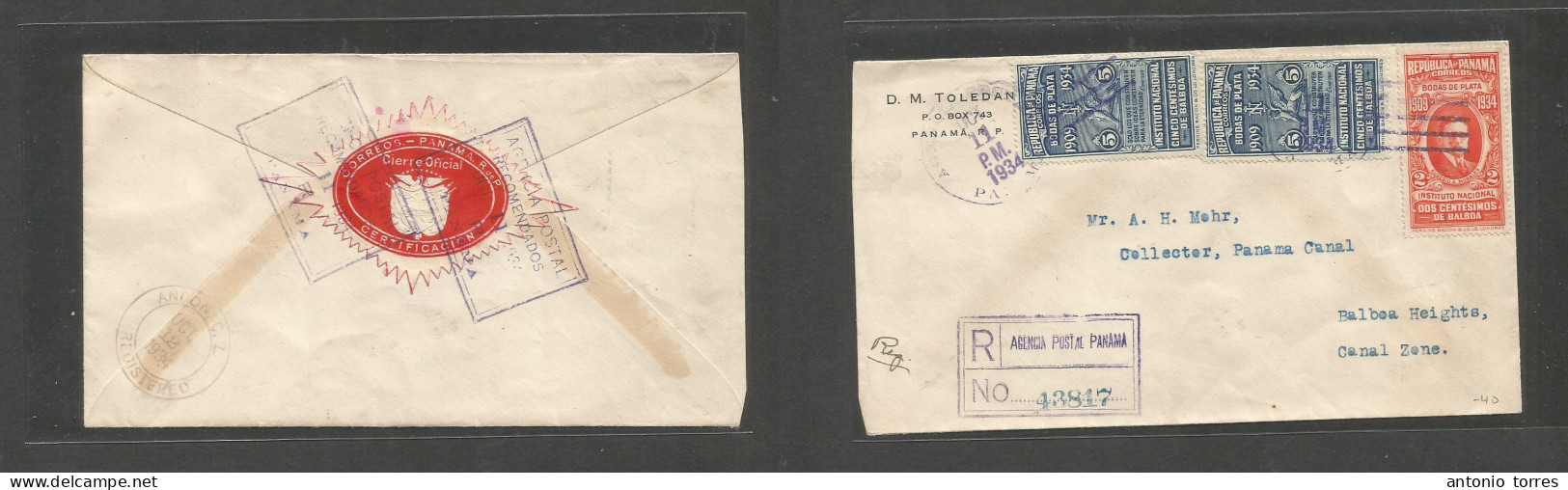 Panama. 1934 (11 Oct) GPO - Canalzone, Balboa Hights Ancona (12 Oct) Registered Multifkd Env, Reverse Official PO Seal, - Panamá