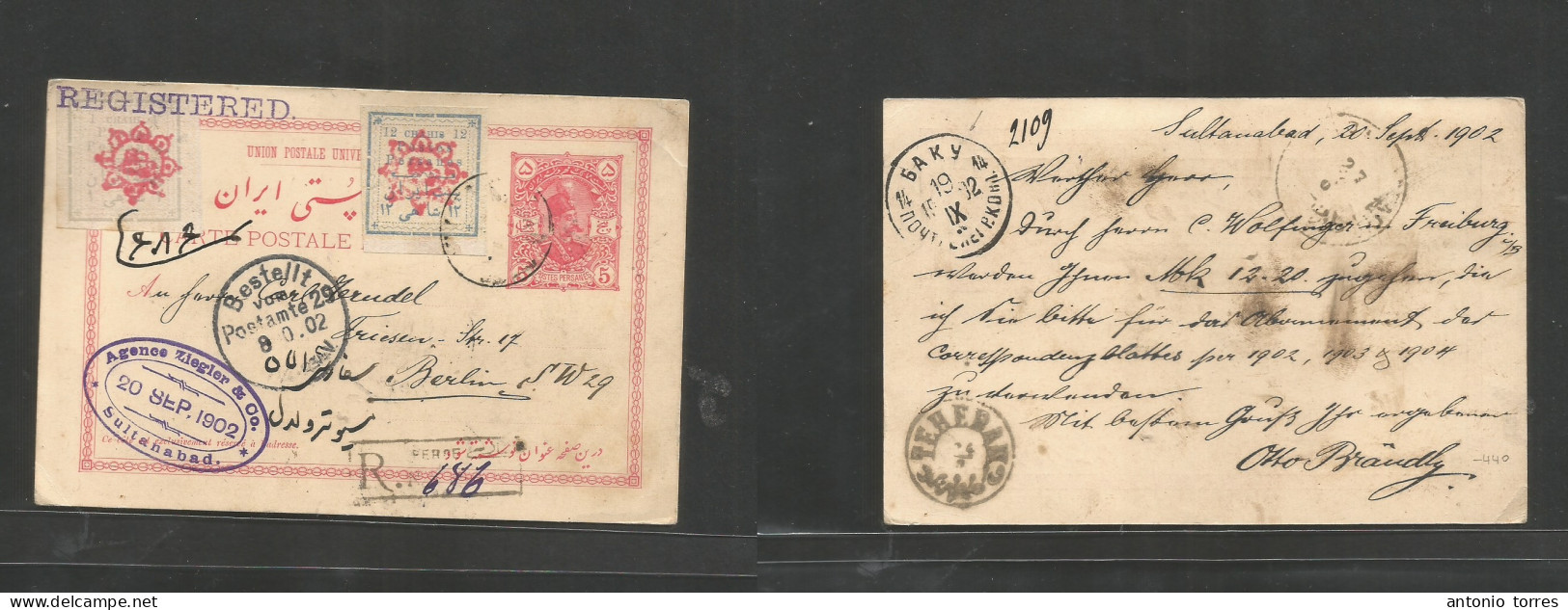 Persia. 1902 (20 Sept) Sultanabad - Germany, Berlin (8 Oct) Registered Multifkd 5ch Rose Stationary Card + 2 Adtl Provis - Irán