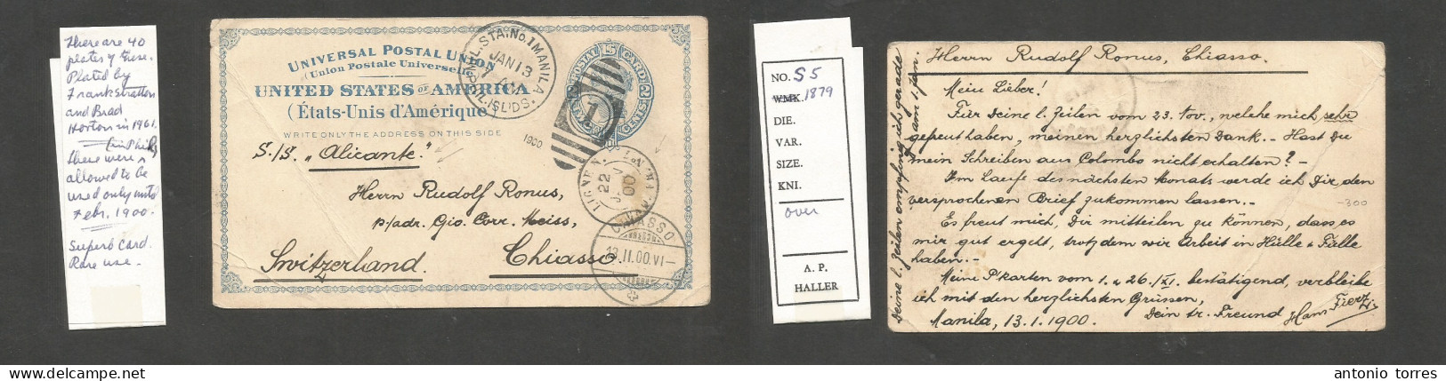 Philippines. 1900 (13 Jan) Manila - Switzerland, Chicago (13 Febr) US 2c Blue Stationary Card Unoverprinted (one Of 40 T - Filippijnen