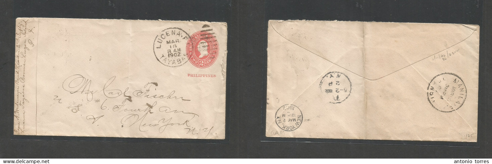 Philippines. 1902 (16 March) US Mail Admin. Lucena, Tayabas - USA, NYC (2 May) US 2c Red Ovptd Stat Env Cds. Scarce Orig - Filipinas