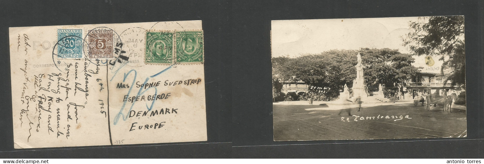 Philippines. 1925 (6 May) Zamboanga - Denmark, Espergerde (17 June) Great Photo Incl Ppc Fkd 4c + Taxed + Arrival (x2) D - Filipinas