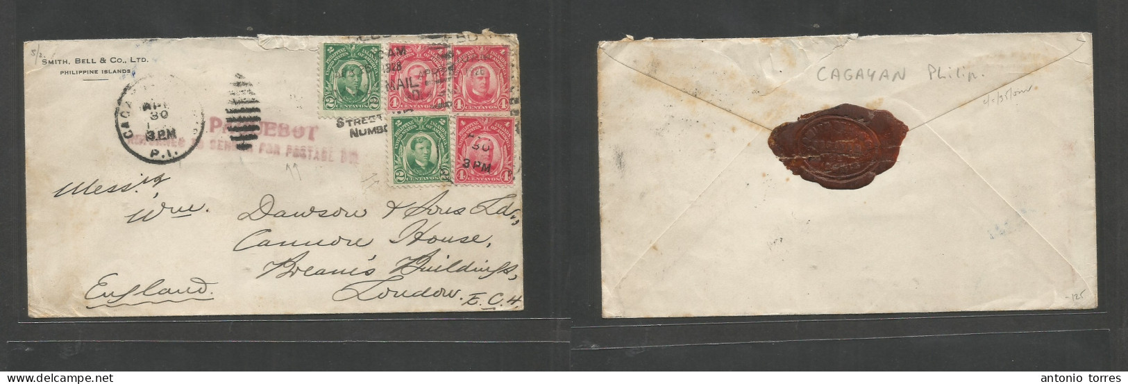 Philippines. 1928 (26-30 April) Cagayan - London, UK. Pqbt Mail. Multifkd Env At 10c Rate Being Insul Addresse Called An - Filippijnen