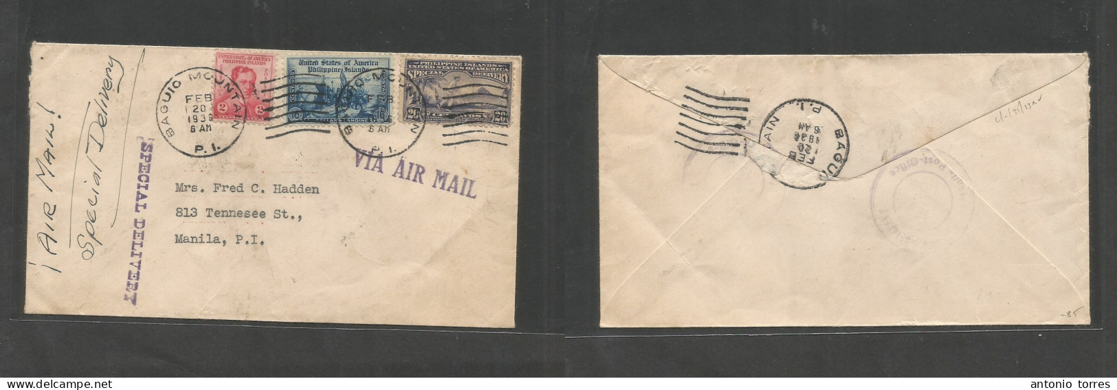 Philippines. 1936 (20 Febr) Baguio Mountain - Manila (20 Feb) Special Delivery Multifkd Env Incl Special 20c Lilac Strip - Filipinas