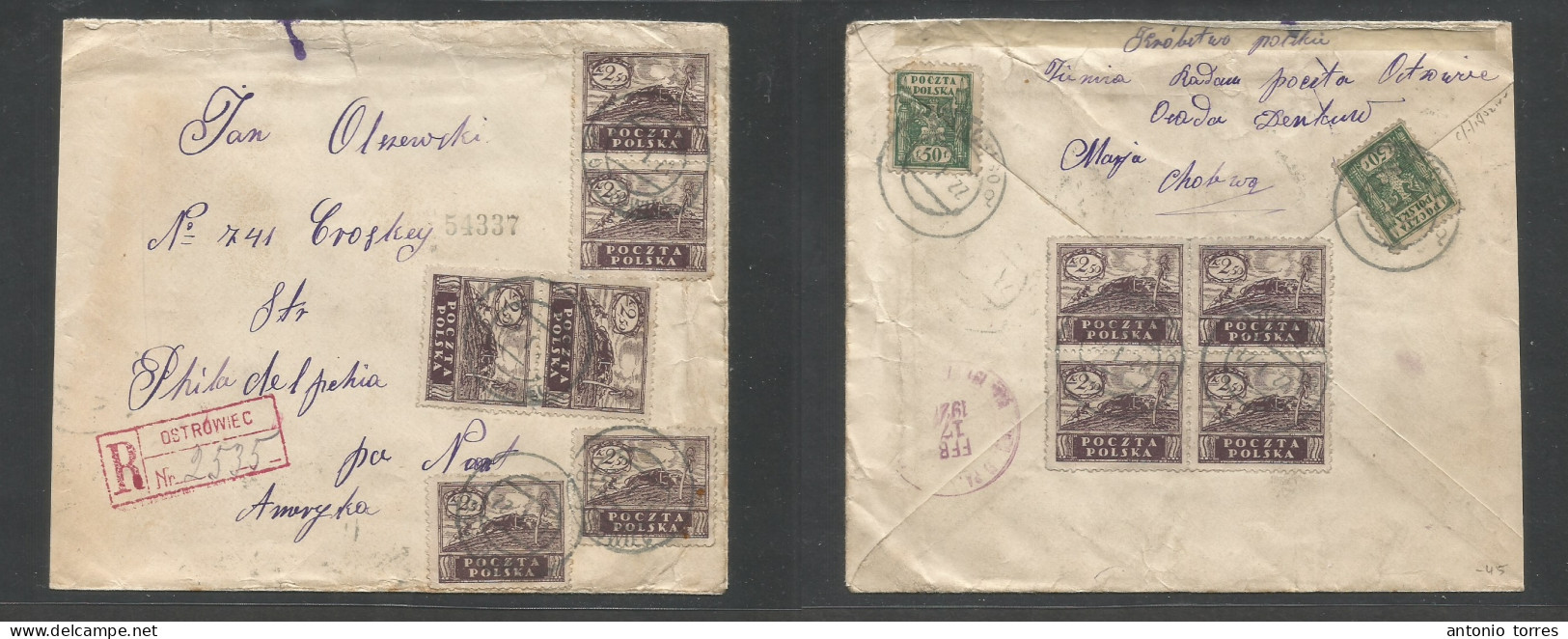 Poland. 1921 (22 Jan) Ostrowiec - USA, Pha, Pa (17 Febr) Registered Multifkd Front And Reverse Env At 25,50 Mk Rate. Fin - Autres & Non Classés