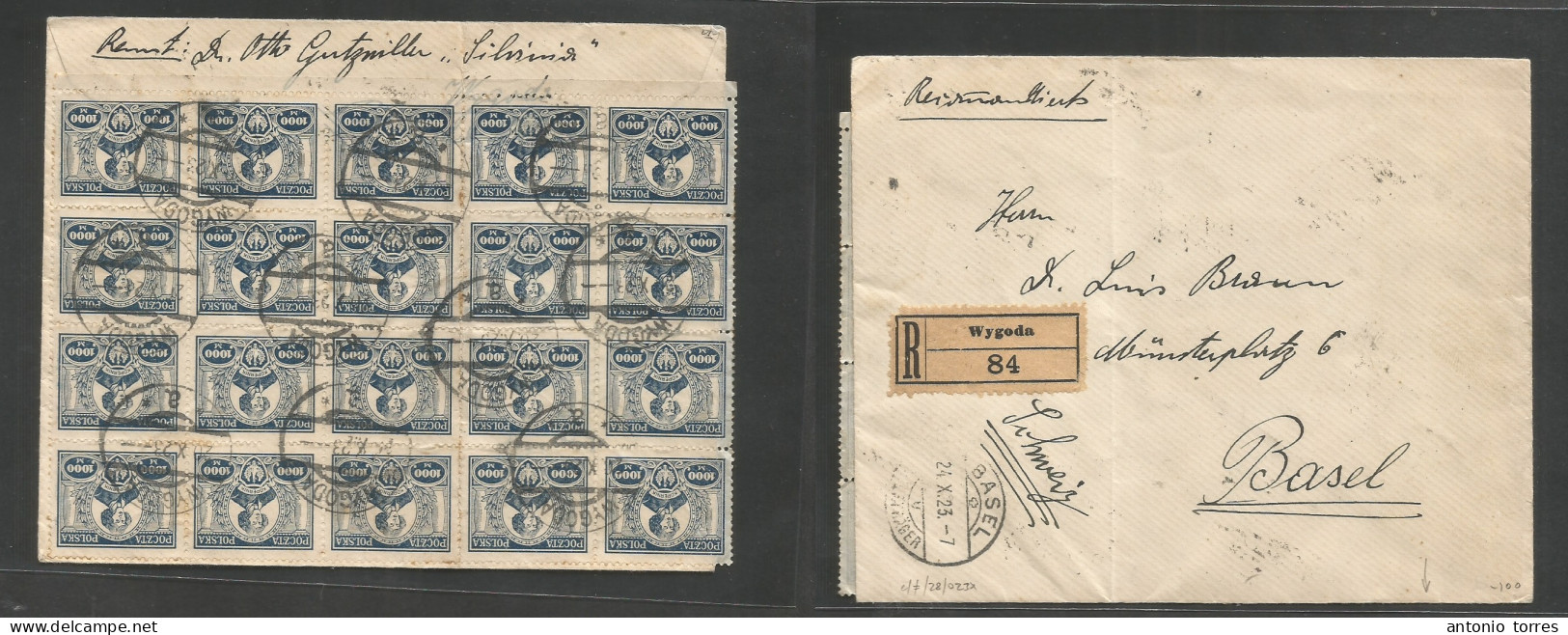 Poland. 1923 (20 Oct) Inflation Days. Wygoda - Switzerland, Basel (24 Oct) Reverse Multifkd Registered Usage At 20,000 M - Other & Unclassified