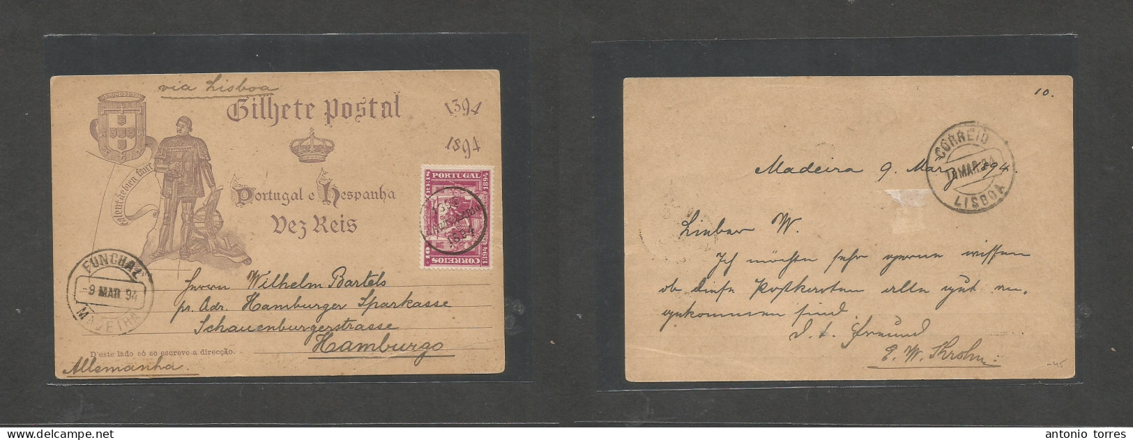 Portugal - Stationery. 1894. India Centenary. Funchal, Madeira - Germany, Hamburg. 10r Illustr + Adtl Stat Card. Fine Us - Other & Unclassified