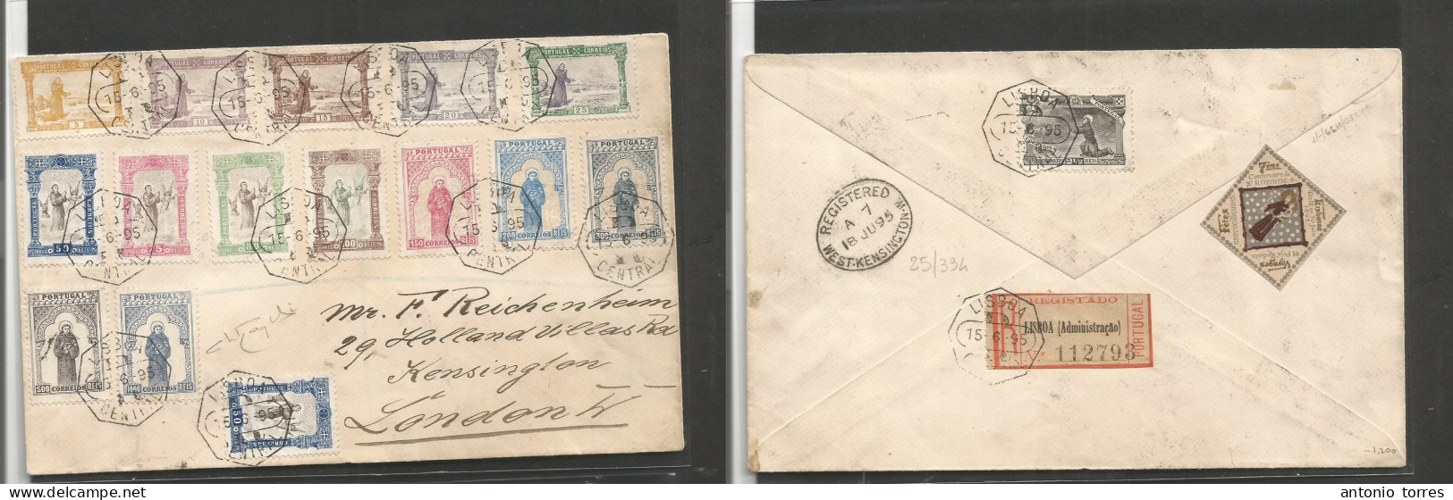 Portugal. 1895 (15 June) San Antonio Set. Lisboa - London, UK (18 June) Registered Complete Set Multifkd Back And Front - Autres & Non Classés