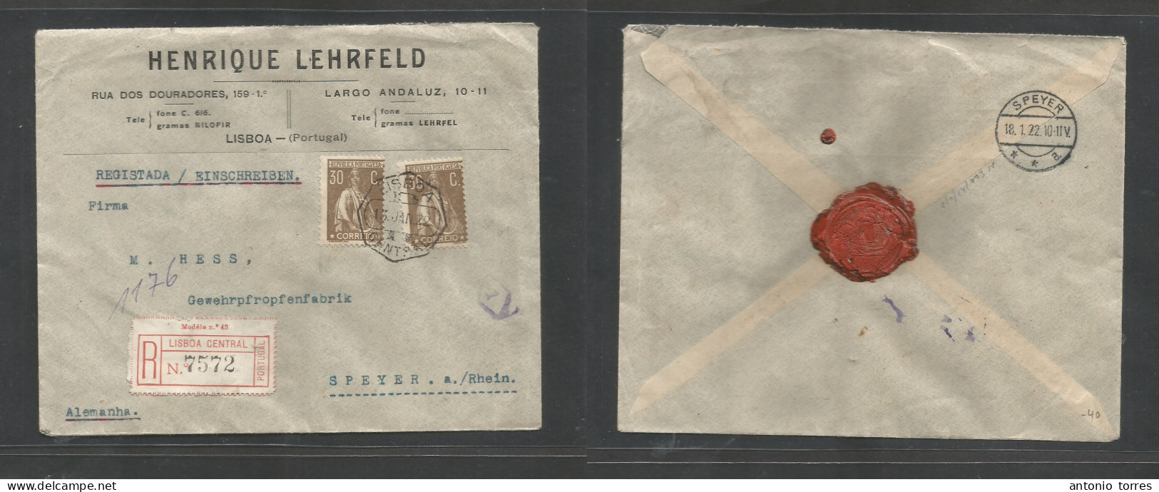 Portugal - Xx. 1922 (13 Jan) Lisboa Central - Germany, Speyer (18 Jan) Registered Multifkd Ceres Envelope At 60c Rate, T - Other & Unclassified
