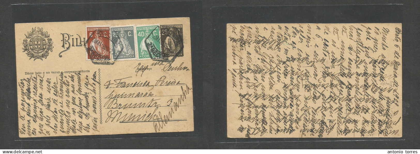 Portugal - Stationery. 1926 (6 March) Porto  - Germany, Munich. 25c Black Ceres Stat Card + 3 Adtls At 96c Rate, Tied Cd - Other & Unclassified