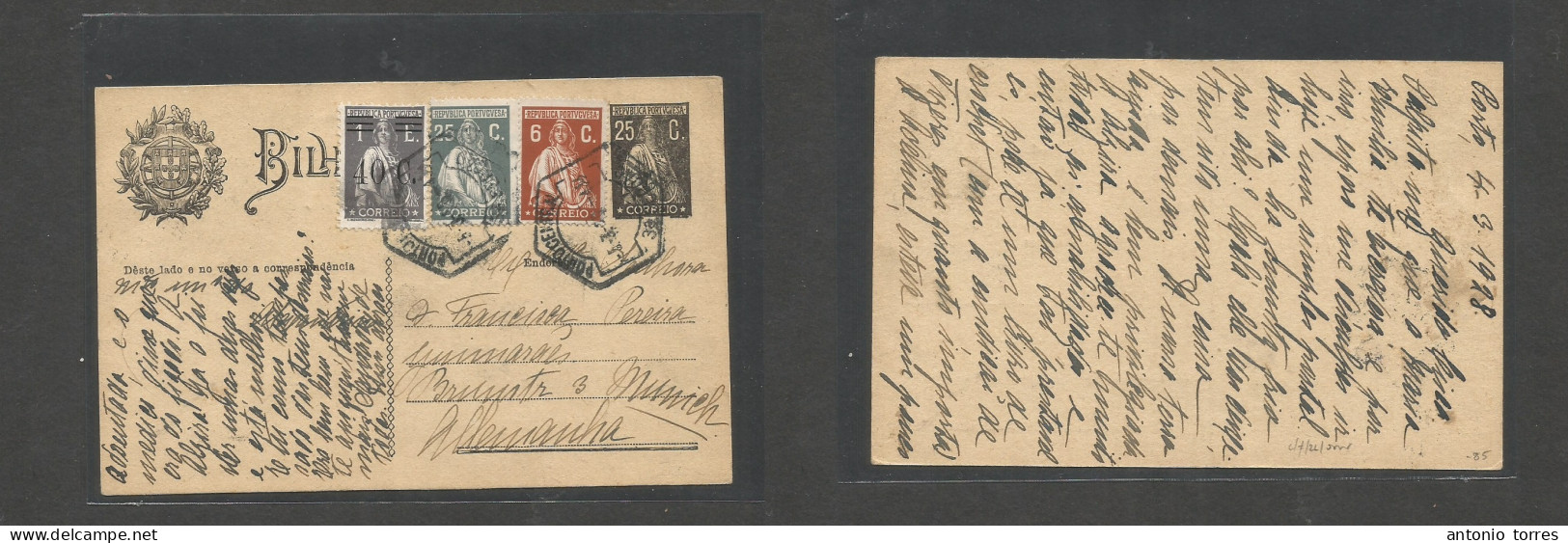 Portugal - Stationery. 1928 (4 March) Porto - Germany, Munich 25c Black Ceres Stat Card + 3 Adtls Incl Ovptd At 96c Rate - Other & Unclassified