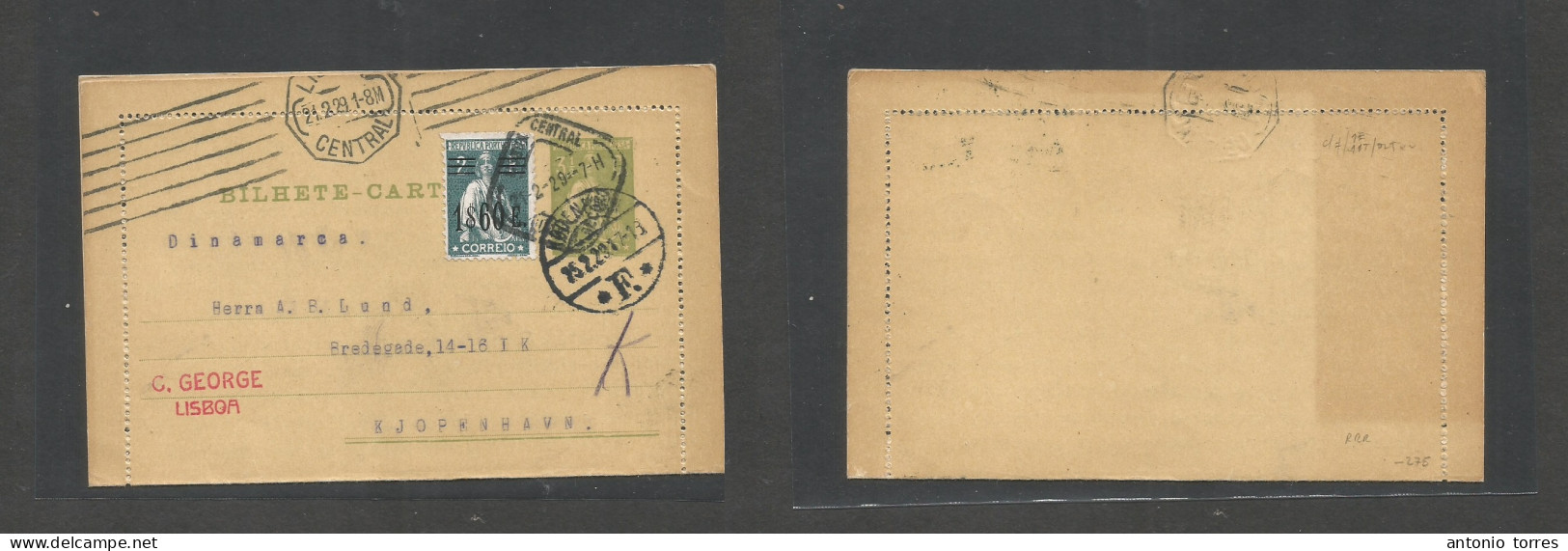 Portugal - Stationery. 1929 (21 Feb) Lisboa - Denmark, Cph (25 Feb) 3 1/2c Green Ceres Stationary Lettersheet + 1,60 Esc - Andere & Zonder Classificatie