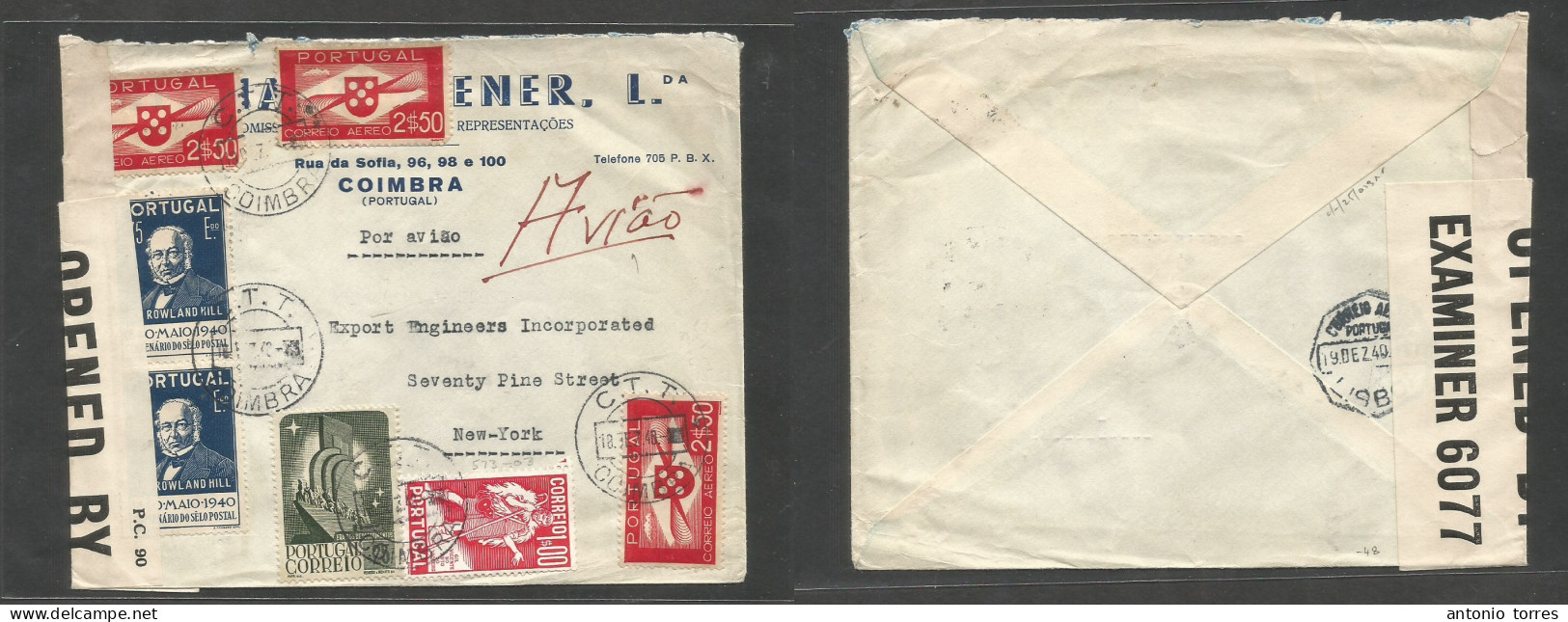 Portugal - Xx. 1940 (18 Dec) Coimbra - USA, NYC. Roudand Hill Multifkd + Comm Issues WWII Censored Airmail Envelope, At - Andere & Zonder Classificatie