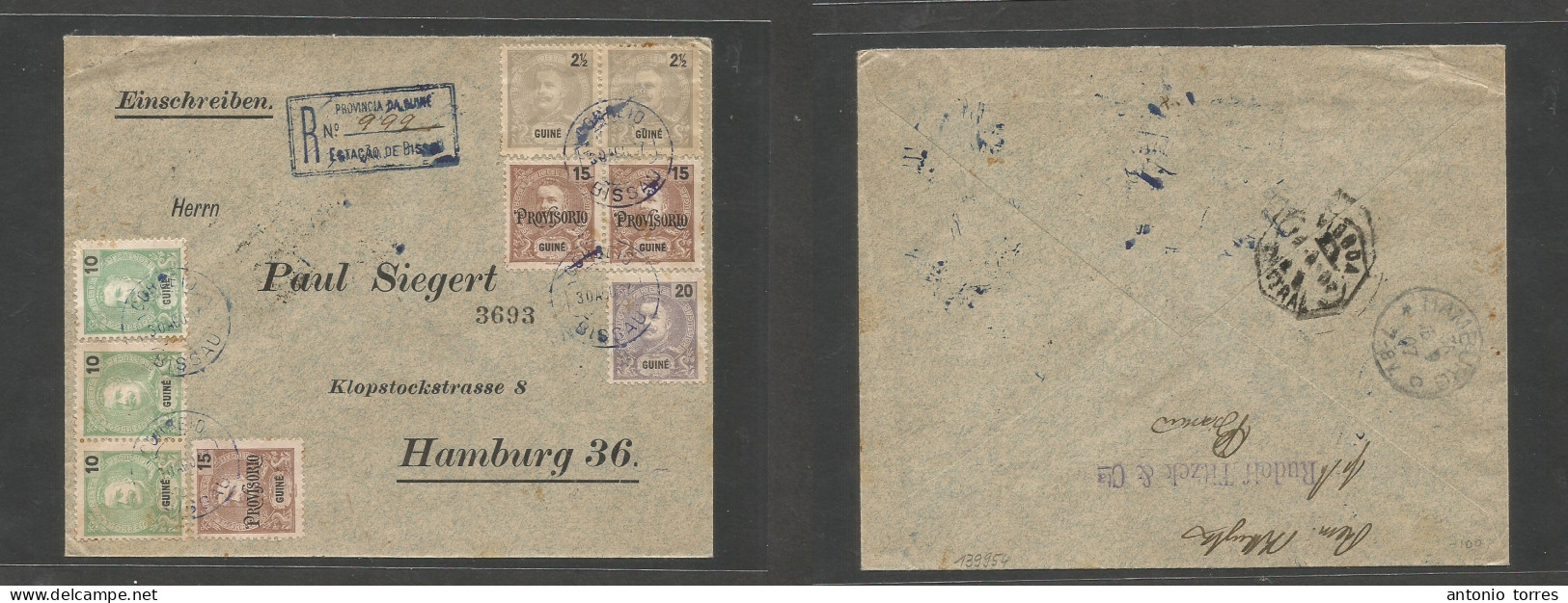 Portugal-Guinea. 1907 (30 Aug) Bissau - Germany, Hamburg (16 Sept) Registered Multifkd Monchon Issue Envelope Via Lisboa - Otros & Sin Clasificación