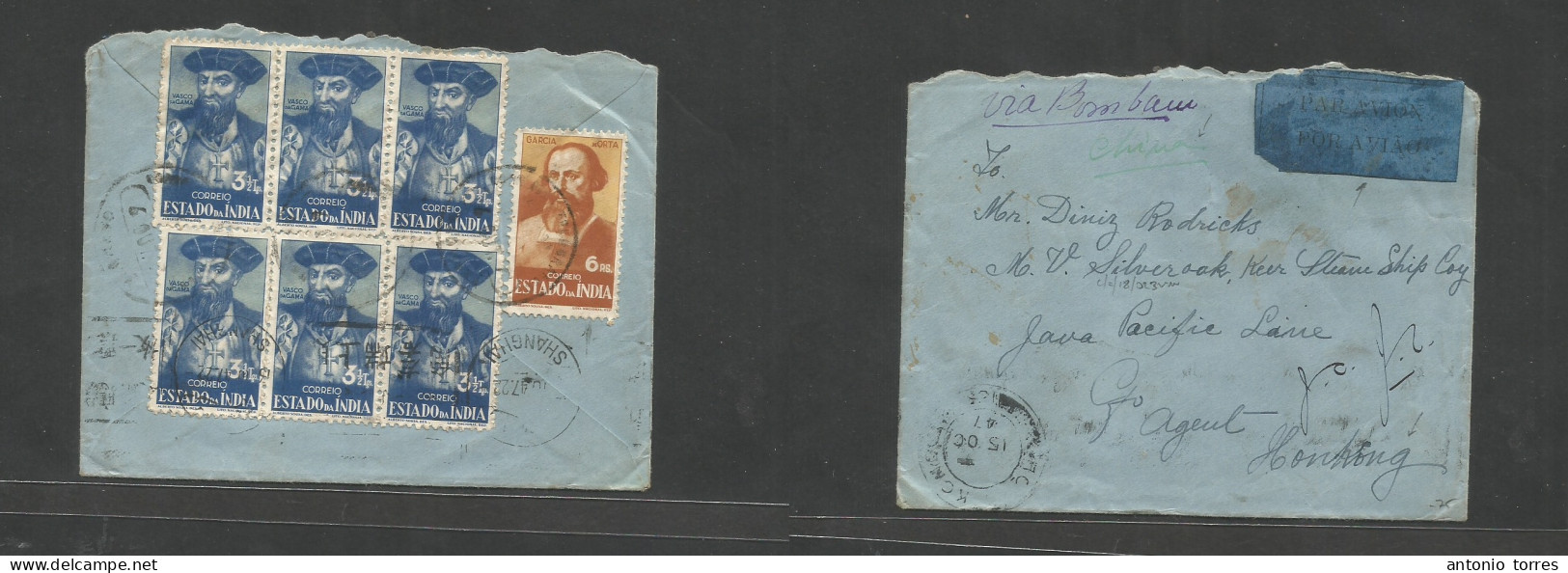 Portugal-India. 1947 (Oct) Margao - China, Shanghai (Oct) Via Hong Kong (18 Oct) Reverse Air Multifkd Envelope Vasco Da - Other & Unclassified