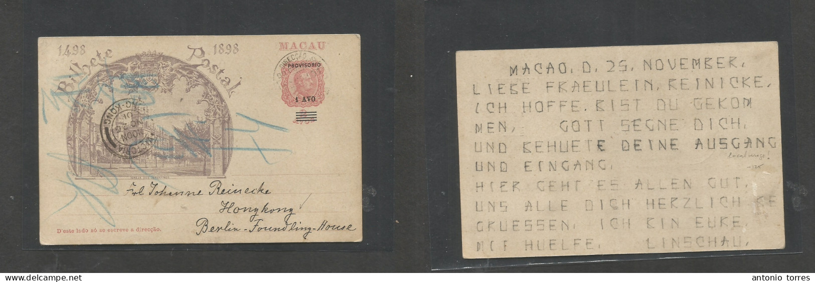 Macau. 1901 (23 Nov) Macao Local Usage To Hong Kong (26 Nov) Provisorio 1aro Ovptd India Cent Stat Card. Arrival Cachet - Otros & Sin Clasificación