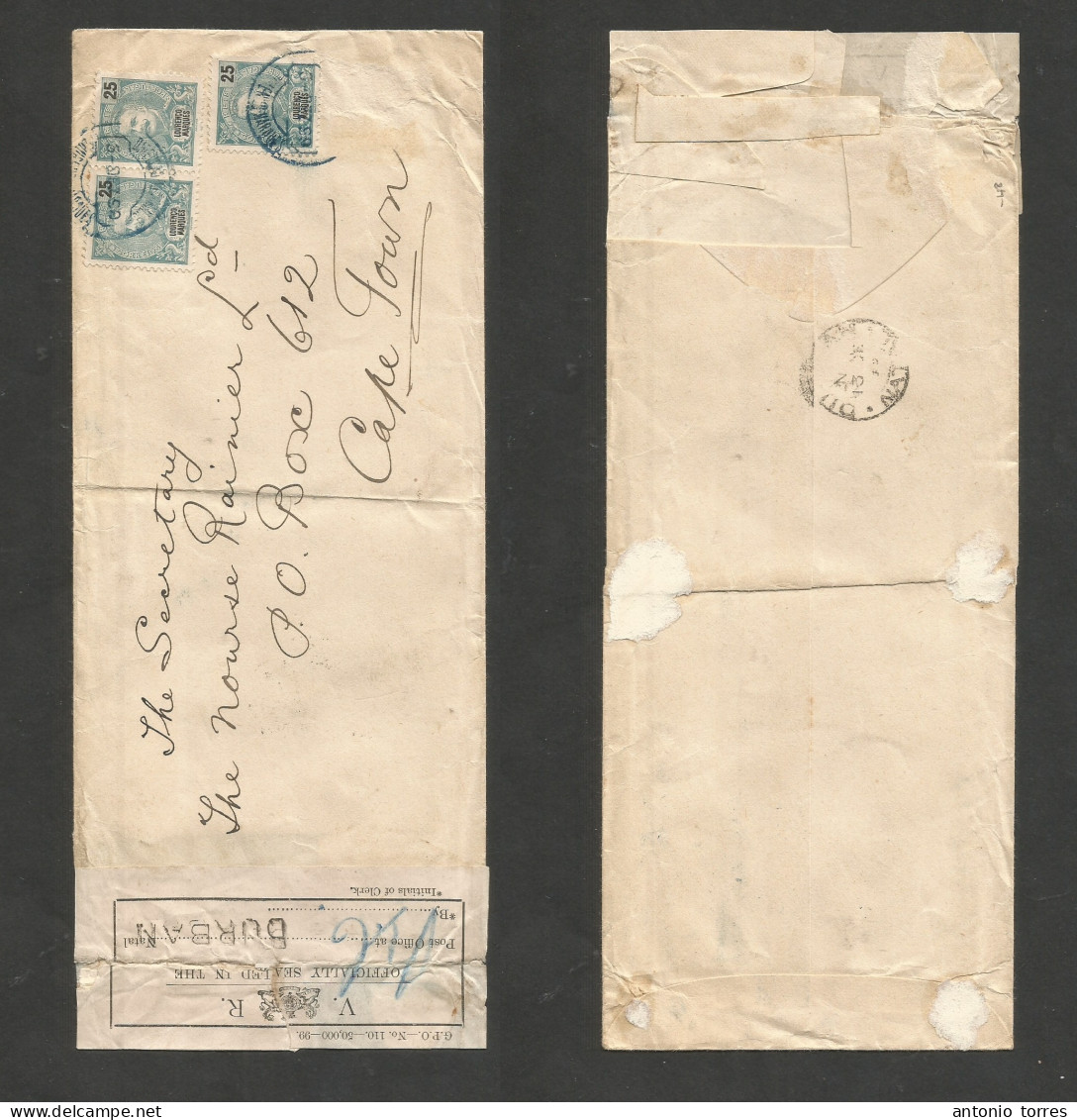 Portugal-Lourenco Marques. 1899 (5 Dec) GPO - Capetown, S. Africa (13 Dec) Multifkd Mouchon Issue Envelope. Boer War VR - Andere & Zonder Classificatie